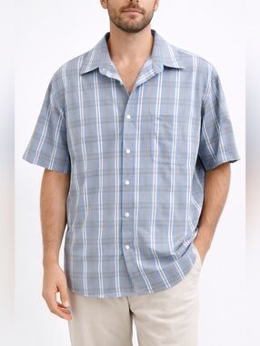 Arnold Palmer Plaid Short Sleeve Button-Up Shirt Size M Blue